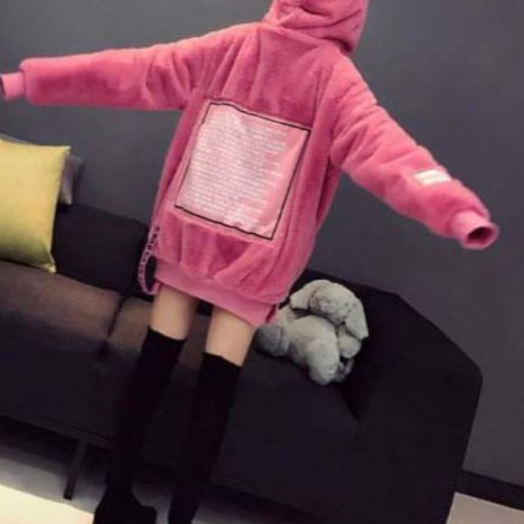New Faux Fur Pink Teddy Velvet Plush Hoodie - Picture 9 of 16